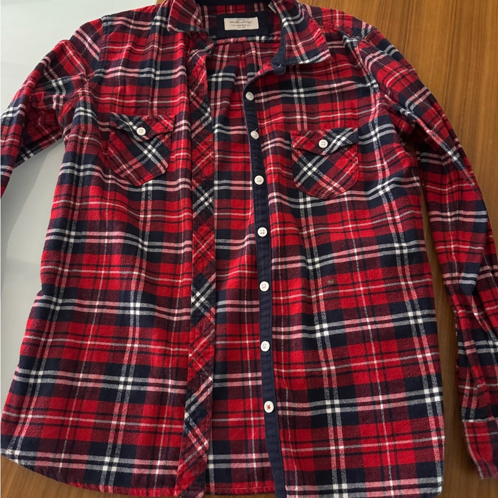 Red and Navy Plaid Button-Down Shirt